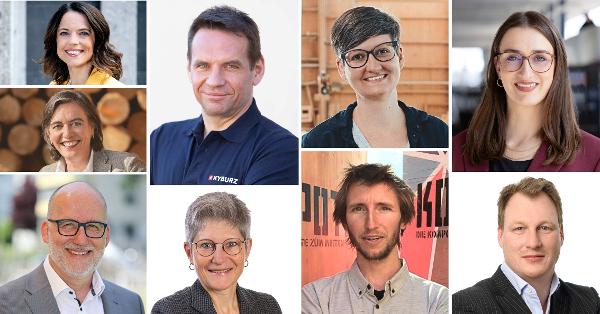 Mona Vetsch, Katharina Lehmann (unten), Martin Kyburz, Josephine Bartz, Gianina Viglino-Caviezel; Lucas Keel, Karin Aerni, Jojo Casanova und Gerhard Fehr.