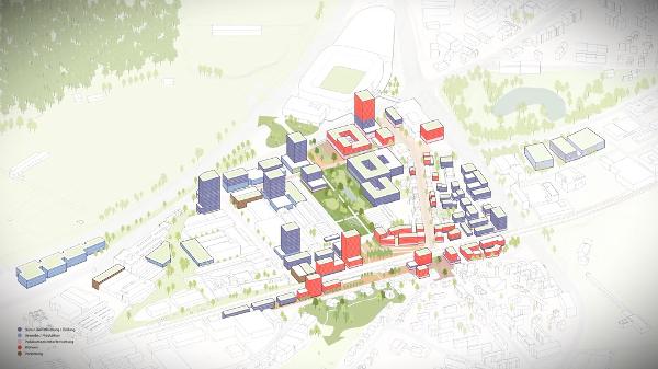 Geht es nach den Planerinnen und Planern sieht Winkeln 2050 in etwa so aus. Rote Häuser sind fürs Wohnen vorgesehen, blaue Gebäude für Industrie und Gewerbe.
