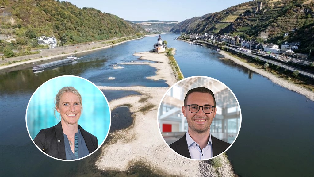 Julia Arlinghaus und Ludwig Häberle über die Folgen des trockenen Rheins, hier bei Kaub, dem Nadelöhr.
