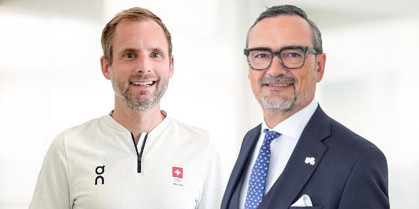 Berit-Chefarzt Hanspeter Betschart bleibt bis 2030 «Chief Medical Officer» des Swiss Olympic Teams. Im Bild mit Berit-CEO Peder Koch .