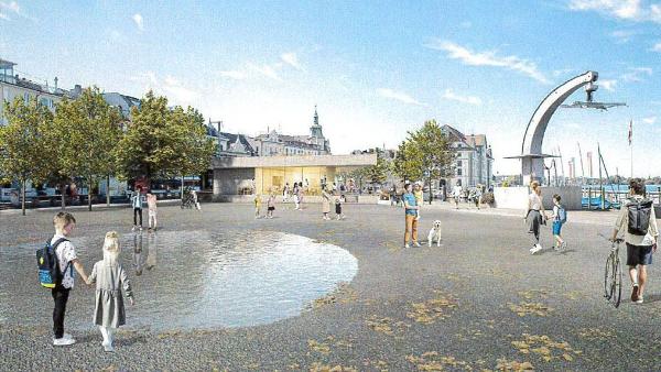 So soll der neue Hafenplatz dereinst aussehen, inklusive dem neuen Hafengebäude im Hintergrund.
