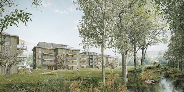 Die vier viergeschossigen Mehrfamilienhäuser werden im Minergie-Standard realisiert. Die vier viergeschossigen Mehrfamilienhäuser werden im Minergie-Standard realisiert.