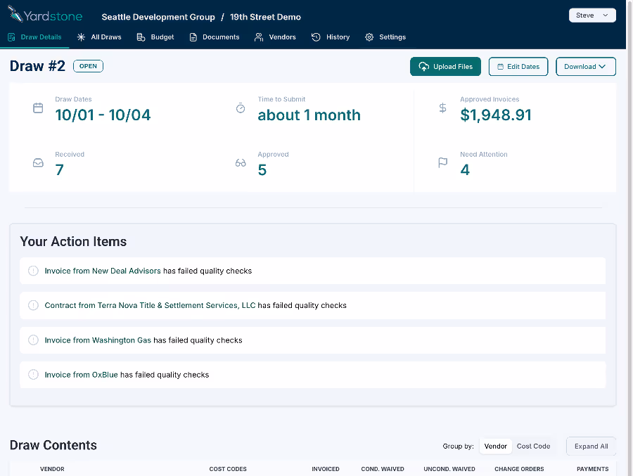 Screenshot of the Yardstone dashboard displaying draw information