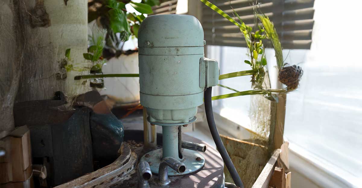 Close-up of an heat pump water heater unit with connected pipes, placed near a window with plants in the background.