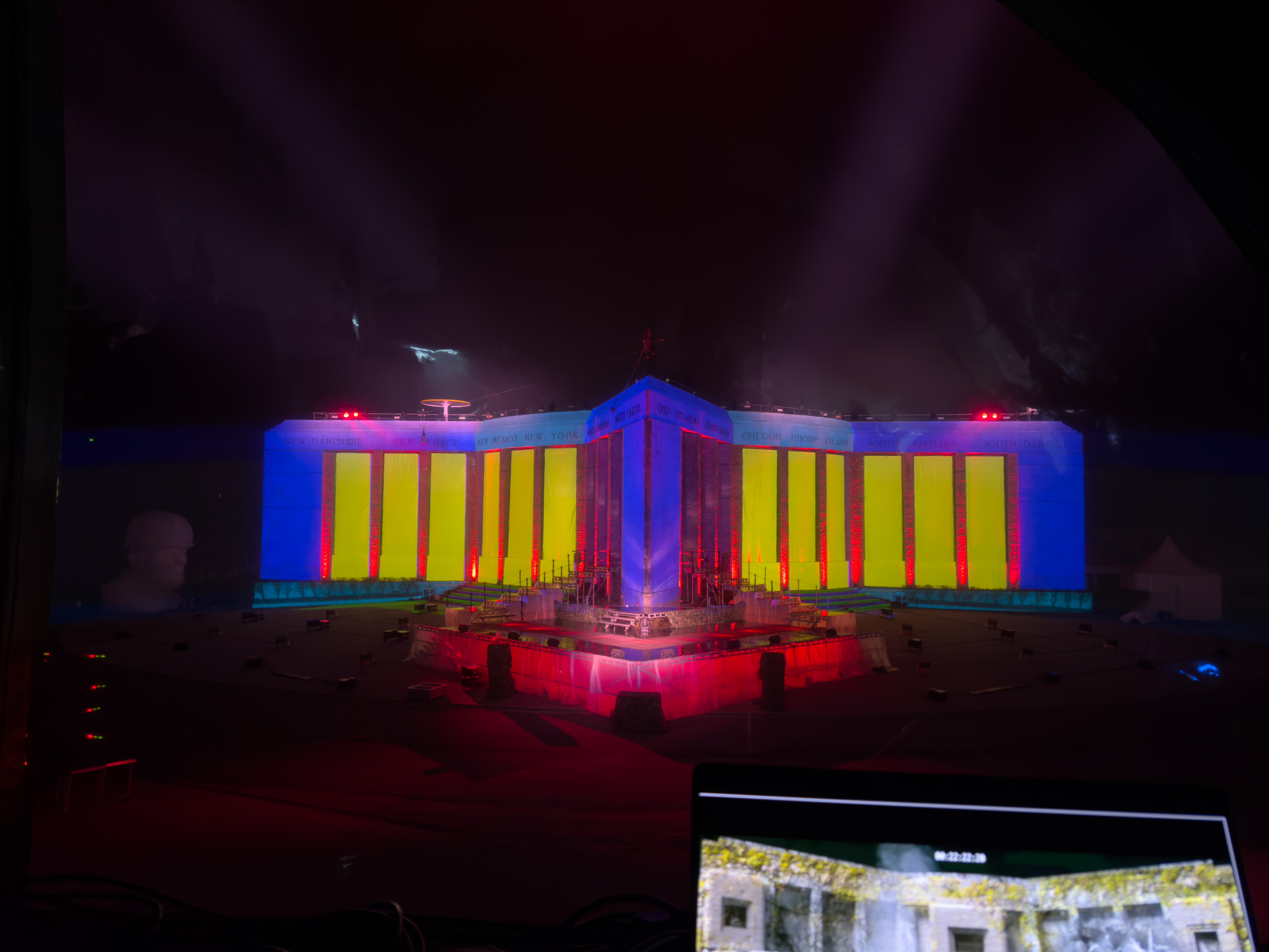 Large-scale live event technical production with visual control and preview systems, illustrating connected show-control infrastructure.
