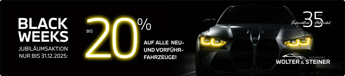 Black Weeks Werbebanner mit 20 % Jubiläumsrabatt auf Neu- und Vorführfahrzeuge bis 31.12.2025 – BMW Wolter & Steiner in Neubrandenburg, Waren und Prenzlau