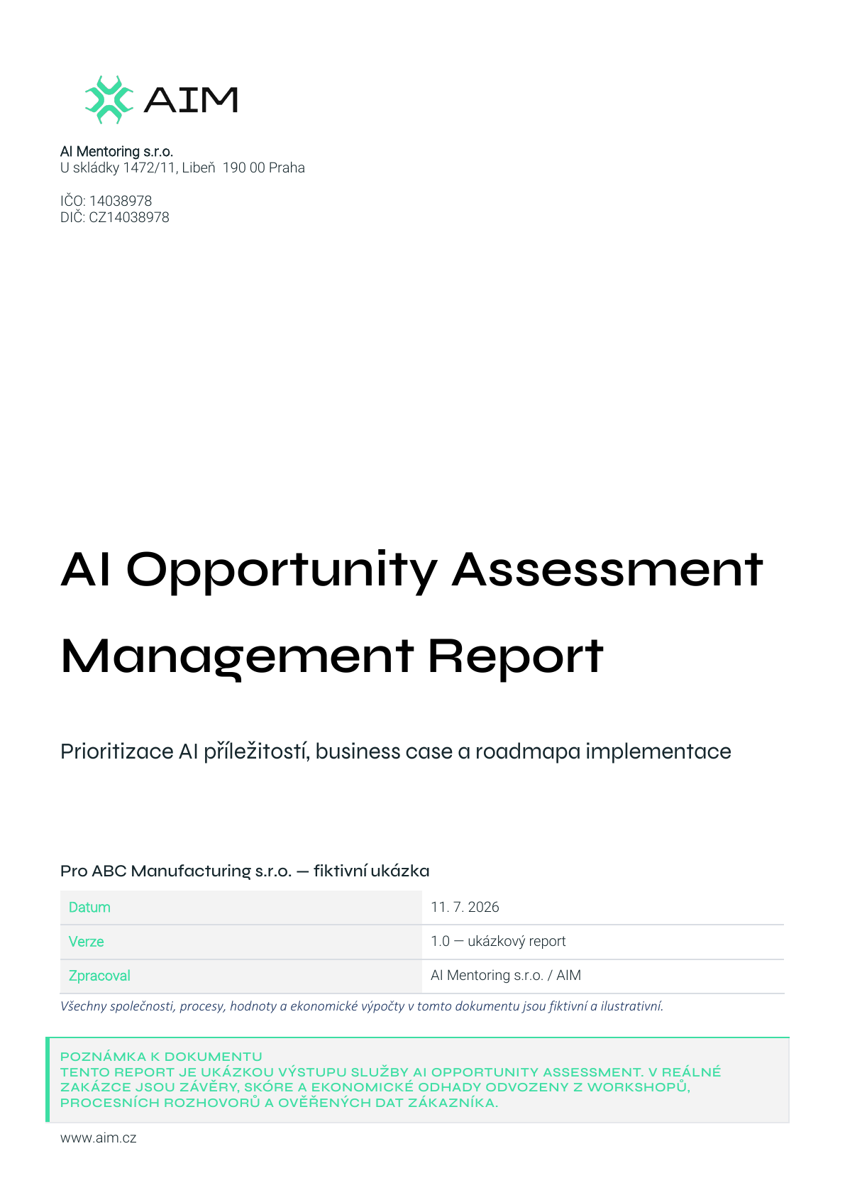 Obálka ukázkového reportu AI Opportunity Assessment