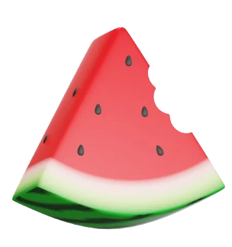 3D illustration of a watermelon slice with a bite taken out, showing red flesh, black seeds, white rind, and green outer skin.
