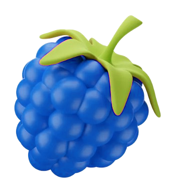 Blue raspberry fruit with green leaves on top.