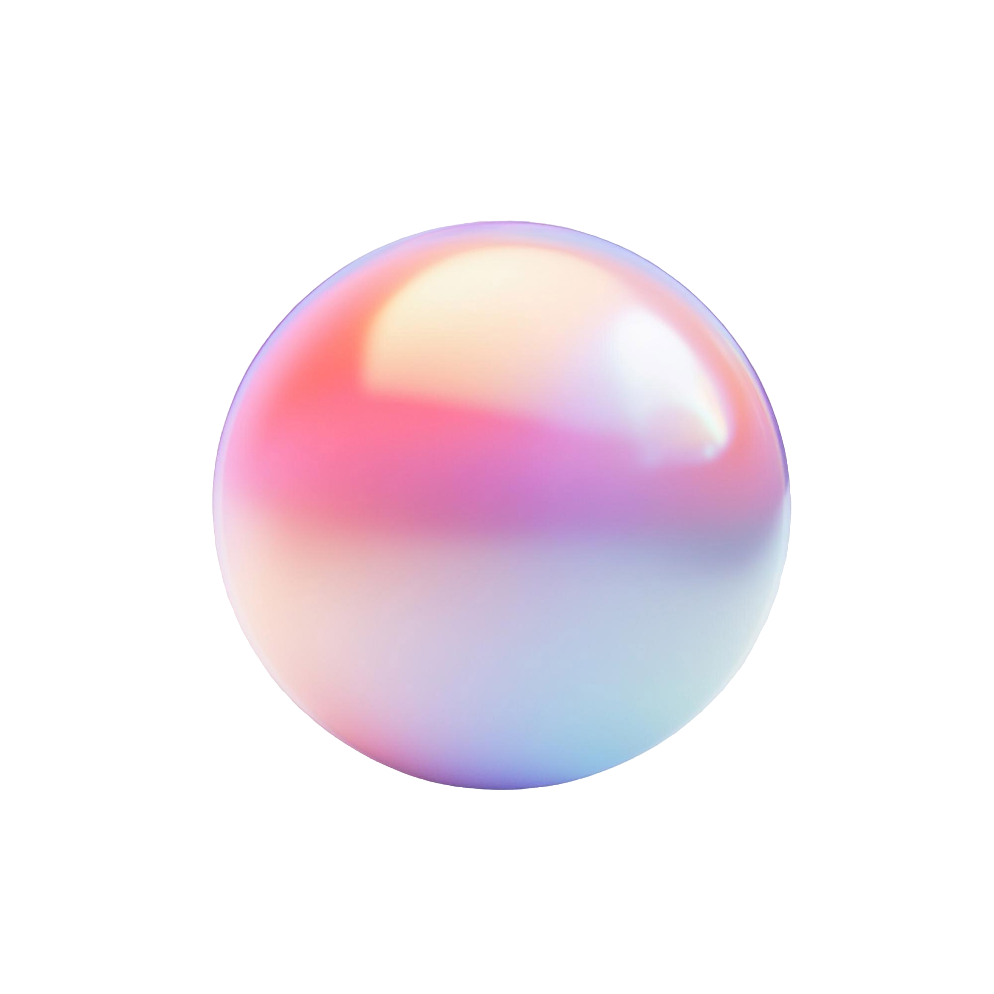 Glossy iridescent sphere with gradient colors of pink, purple, and blue on a black background.