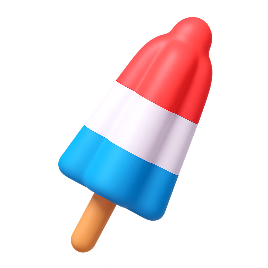 Red, white, and blue tri-colored rocket pop ice cream on a wooden stick.