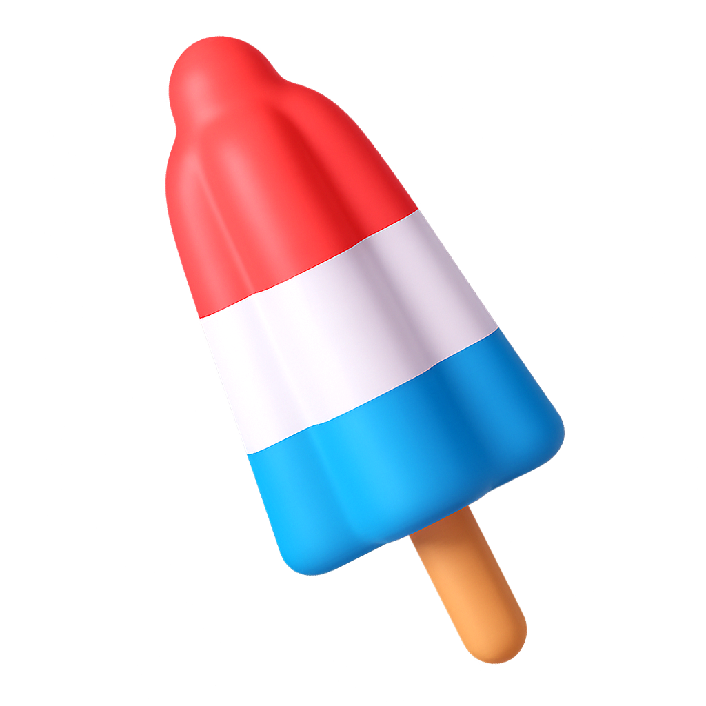 Tri-colored rocket pop popsicle with red, white, and blue sections on a wooden stick.