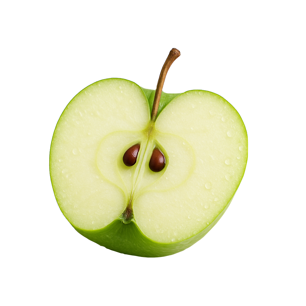Half of a green apple with two visible brown seeds and water droplets on the flesh.