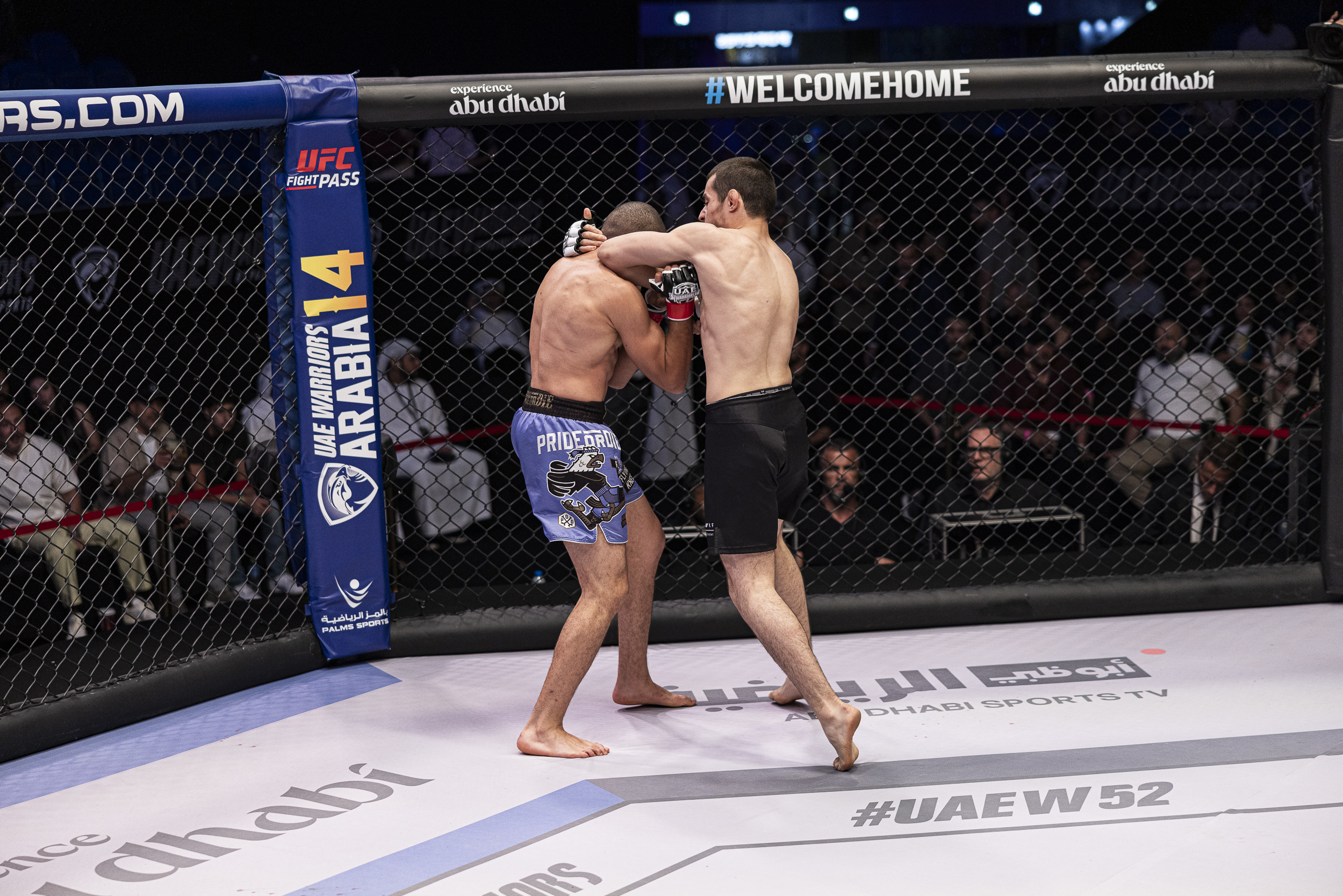 Two mixed martial arts fighters grappling inside a UFC octagon cage during a match with spectators in the background.