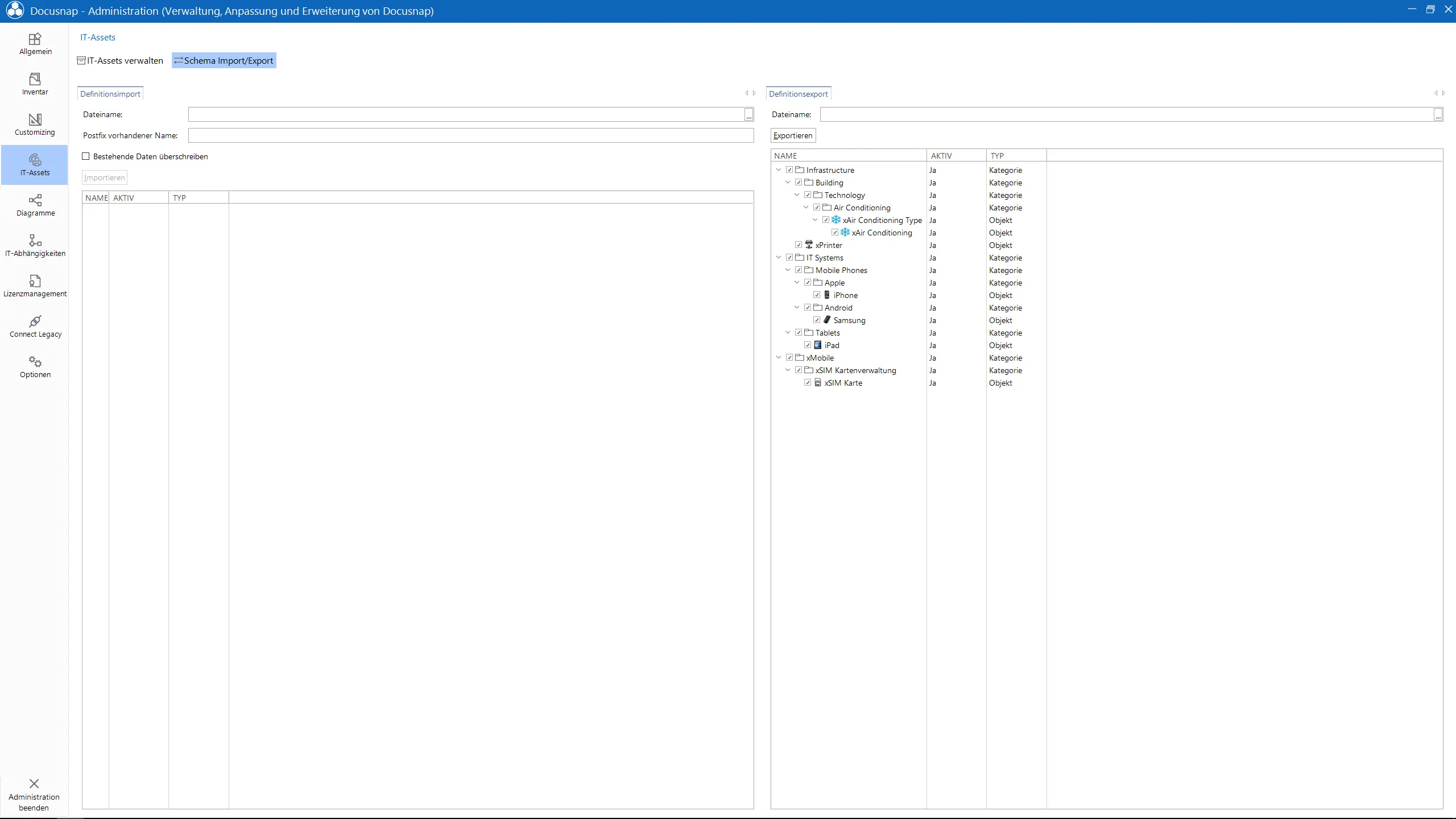 Screenshot IT-Assets Export und Import