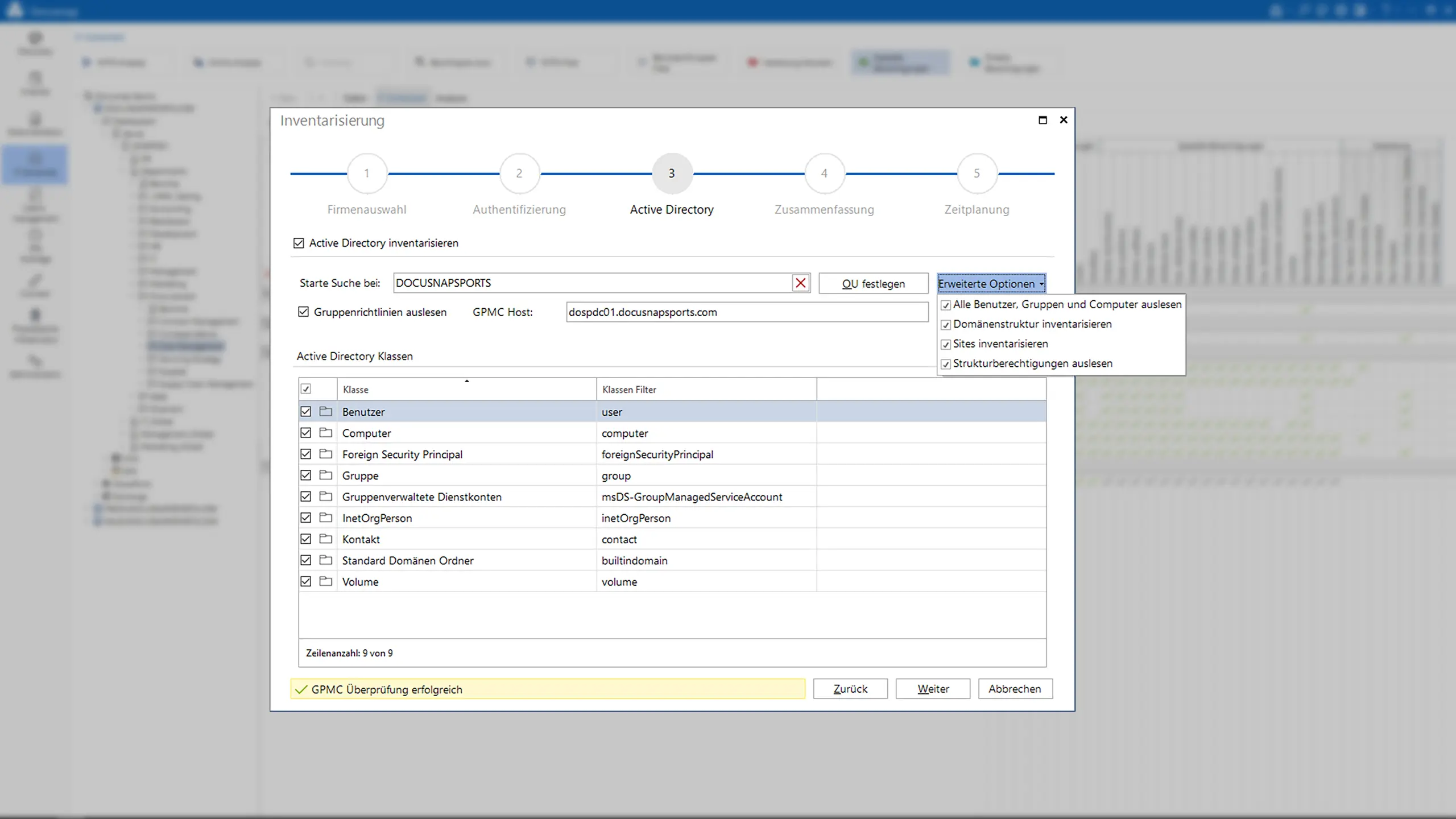 Screenshot des Active Directory Inventarisierungsassistenten