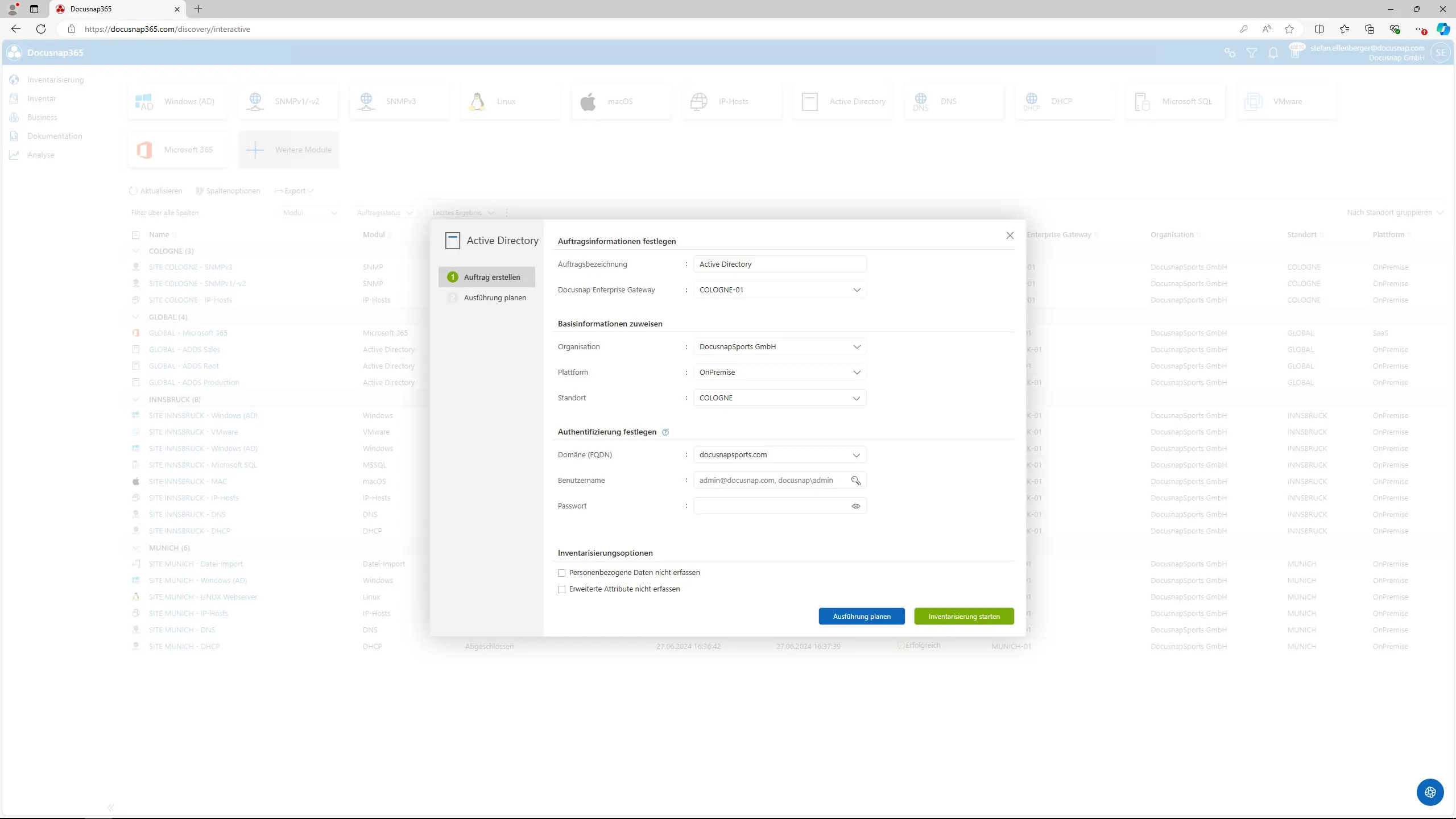 Screenshot des Docusnap365 Active Directory Inventarisierungsassistenten