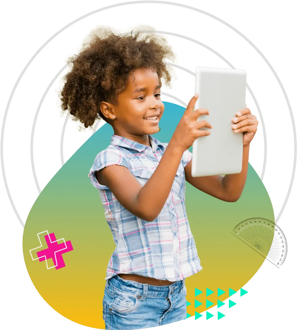 Young girl holding an iPad and smiling