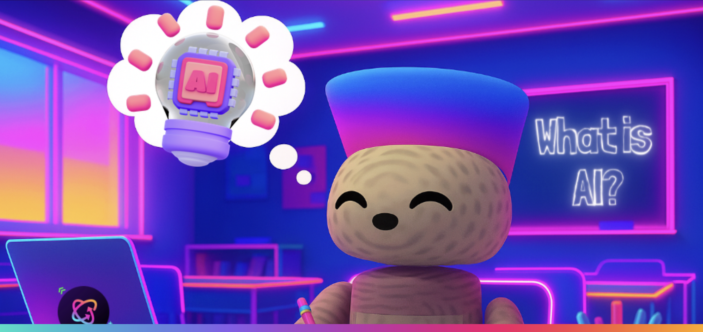 Animated character with a pink and blue hat sitting at a desk with a laptop, thinking about AI symbol inside a light bulb in a neon-lit classroom with a 'What is AI?' sign on the board.