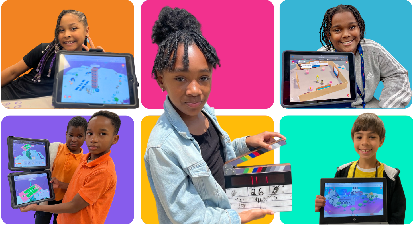 students holding computers and filming placard.