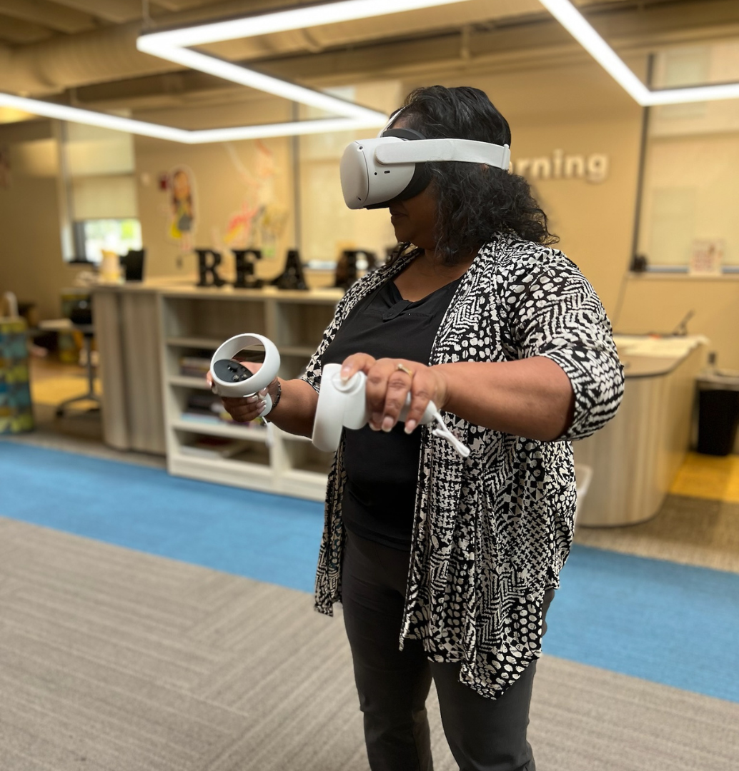 adult wearing vr headset