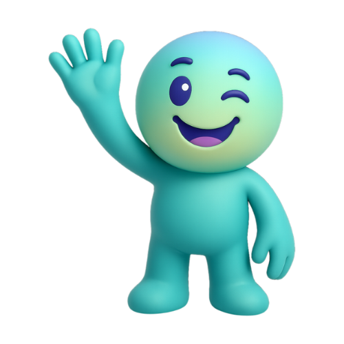 Personnage bleu souriant et clignant de l'œil, saluant de la main levée.