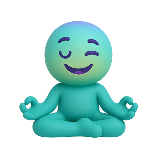 Personnage turquoise souriant, assis en position de méditation avec une main en mudra.