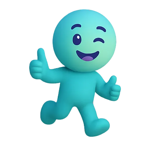 Personnage bleu souriant, clignant de l'œil et faisant un pouce levé des deux mains en courant.
