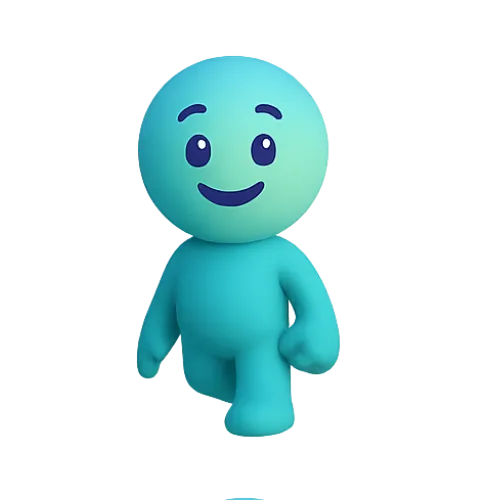 Mascotte sportive turquoise souriante en train de marcher.