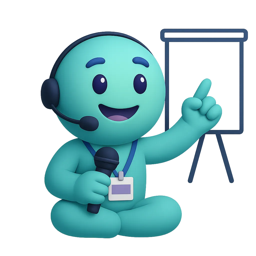 Mascotte souriante bleue avec casque micro et micro, assise, pointant vers un tableau de conférence.