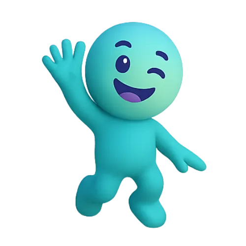Mascotte bleue joyeuse faisant un signe de la main et clignant de l'œil.