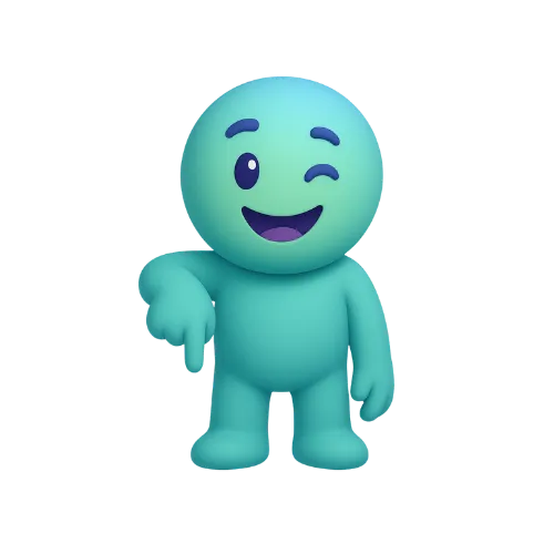 Personnage bleu souriant qui fait un clin d'œil et pointe vers le bas avec la main gauche.