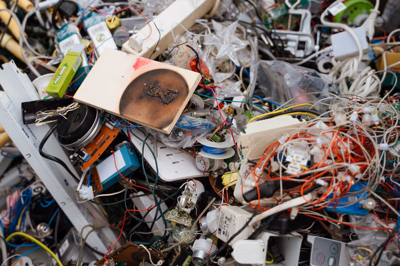 Elektroschrott bestehend aus unsortierten Kabeln und Elektrogeräten.