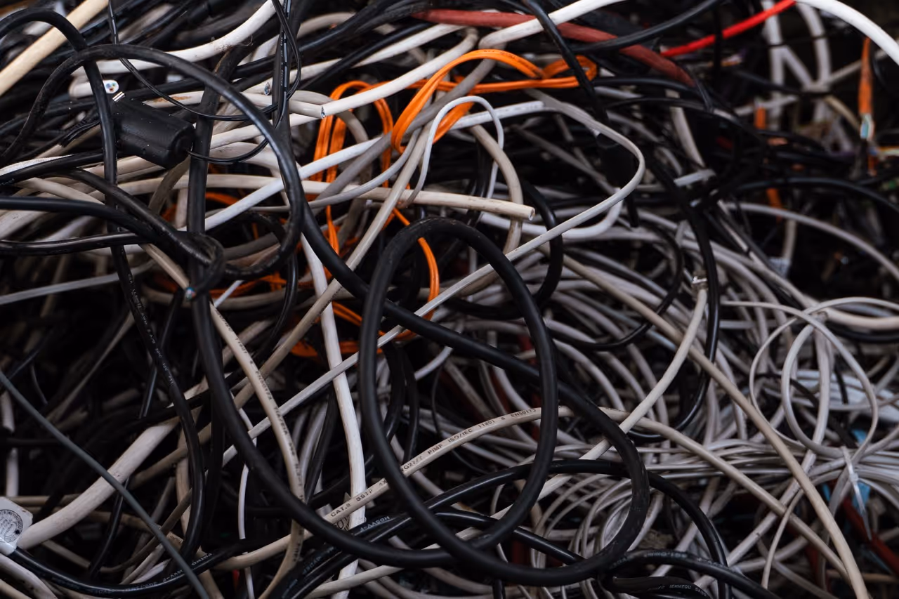 Haufen stark verwickelter Alt-Kabel in verschiedenen Farben, überwiegend schwarz, weiß und orange