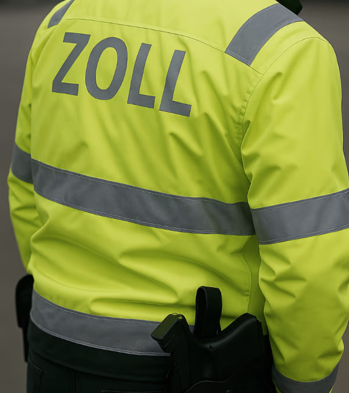 Nahaufnahme des Rückens einer grellgelben Zolluniform mit reflektierenden Streifen und Schriftzug „ZOLL“