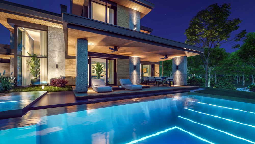 Exterior view of modern luxury villa with outdoor pool in Portugal