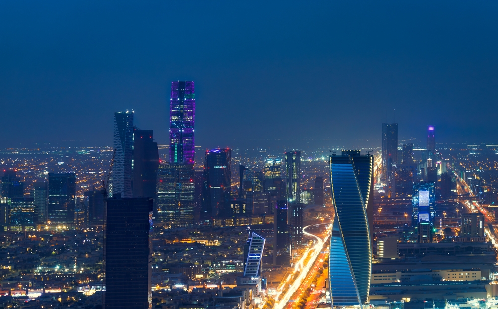 Aerial view at night time of Riyadh skyline Saudi Arabia