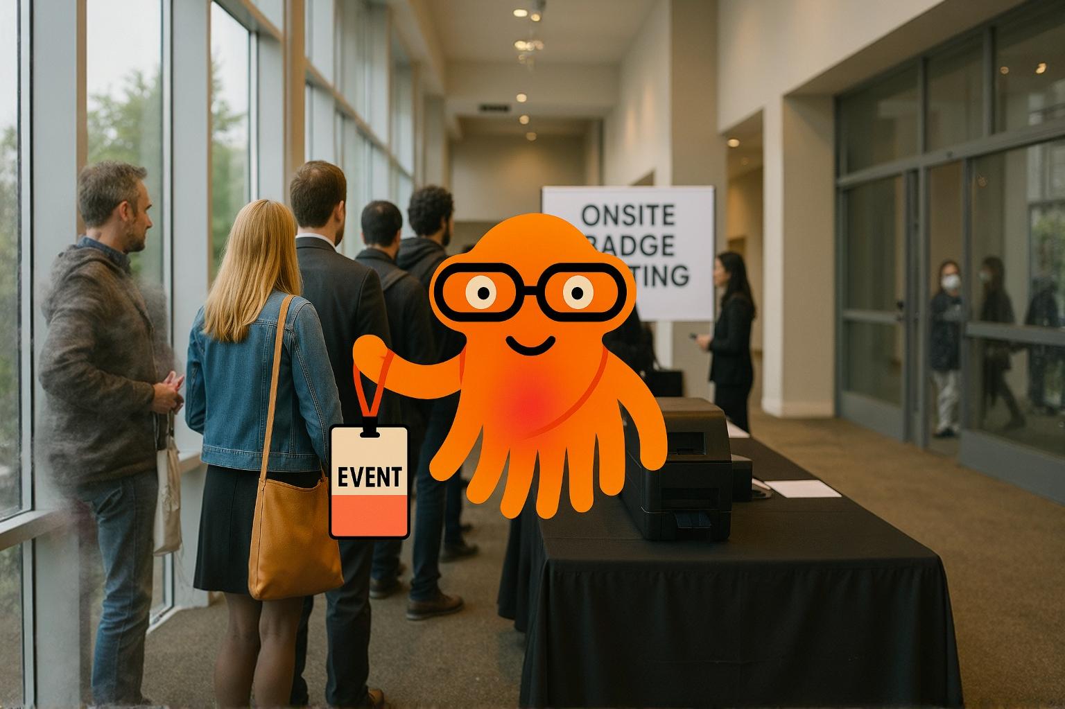 Squidy met een badge in de rij bij het onsite badge printen