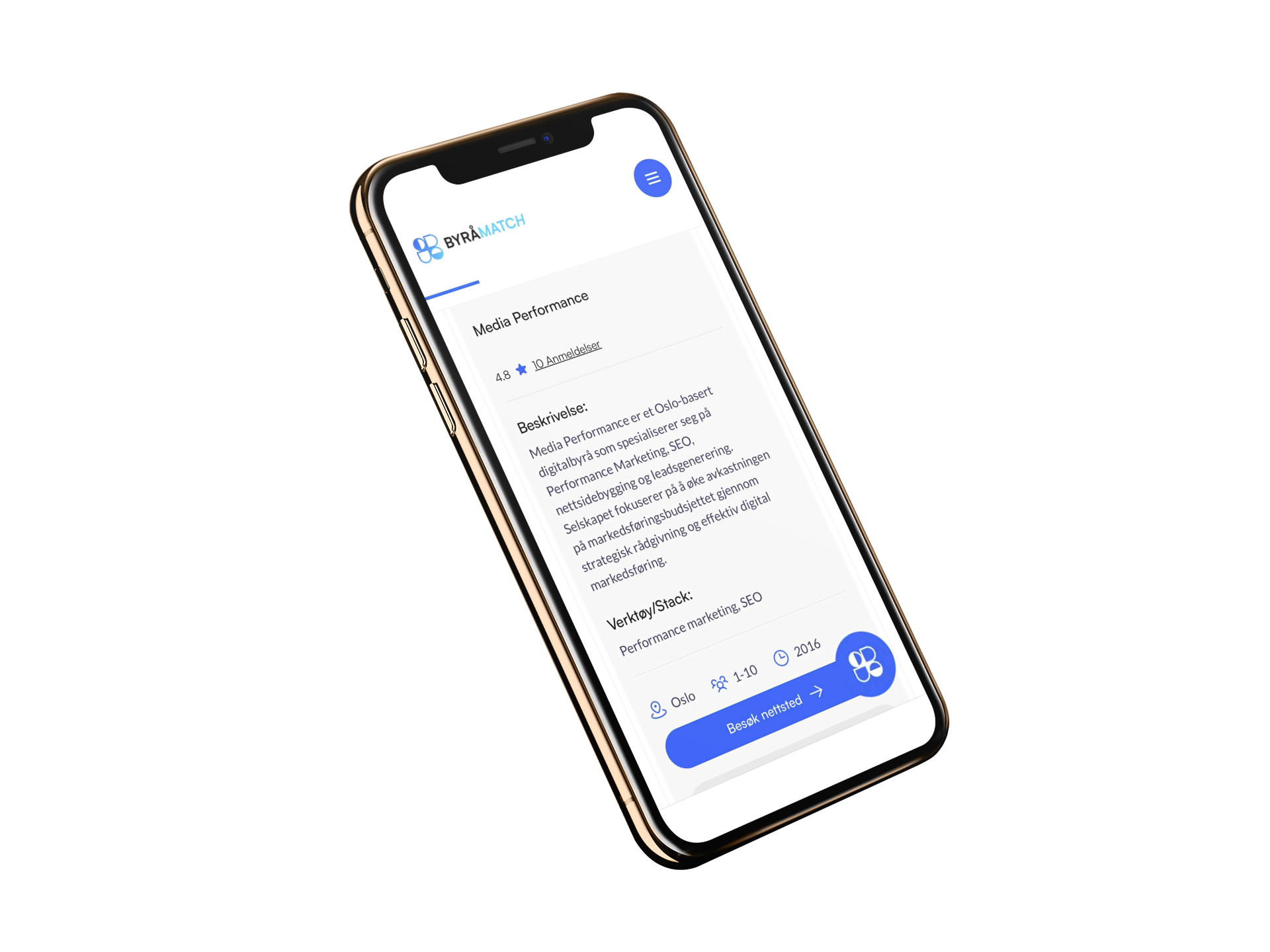 iPhone med Byråmatch-profil for "Media Performance" på skjermen. Viser 4,8 stjerner, kort byråbeskrivelse og blå knapp med "Besøk nettsted".