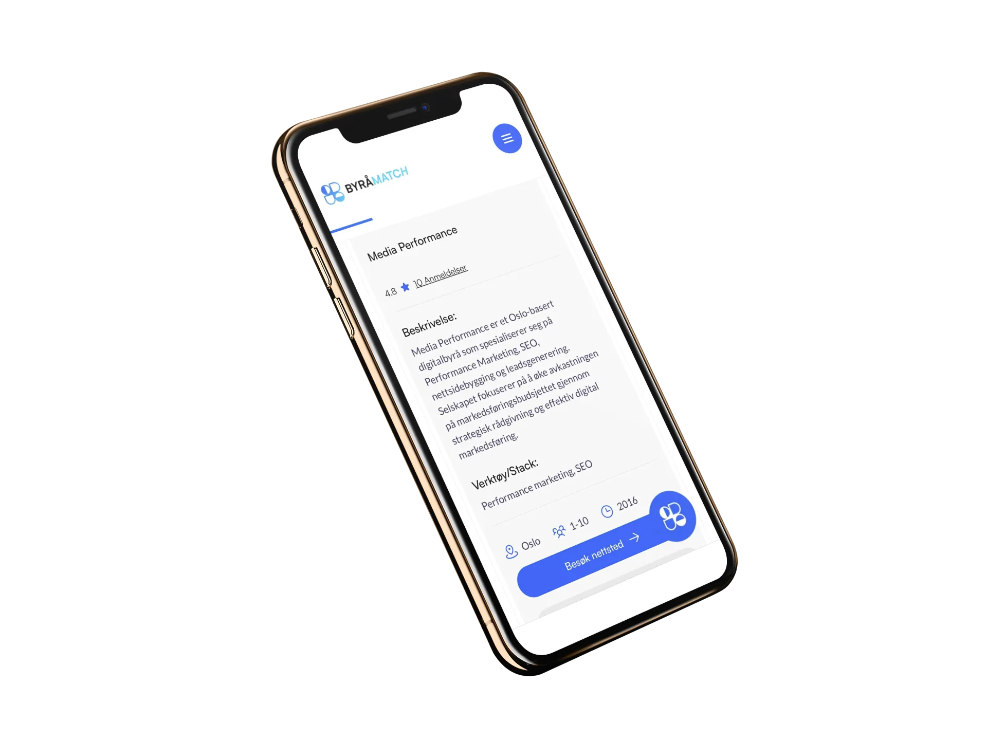 iPhone med Byråmatch-profil for "Media Performance" på skjermen. Viser 4,8 stjerner, kort byråbeskrivelse og blå knapp med "Besøk nettsted".