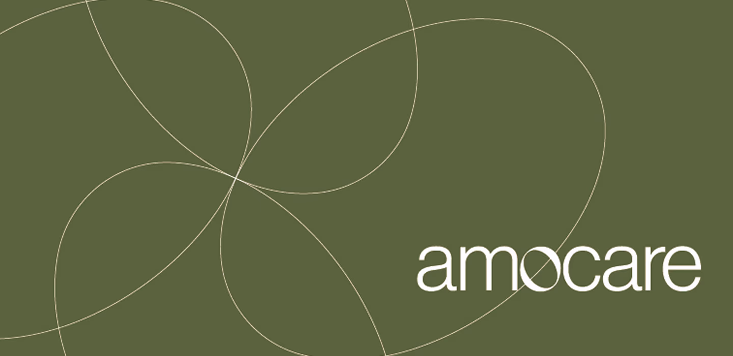 White amocare logo with stylized 'o' on an olive green background with beige curved lines.