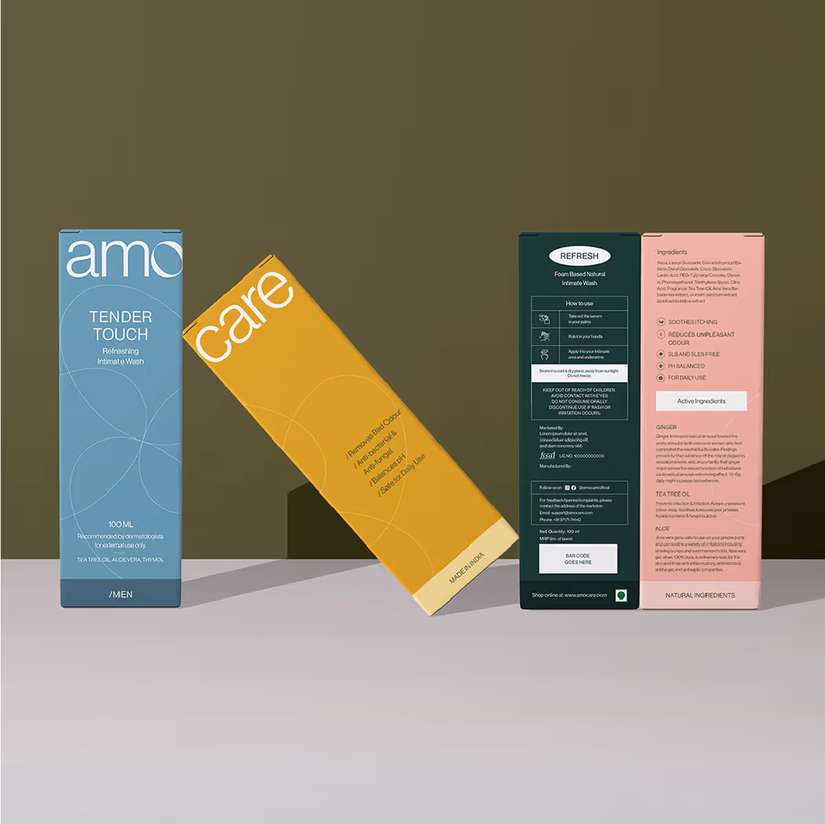 Three rectangular boxes of intimate wash products with blue, yellow, and green-pink colors showing front, side, and back packaging details.