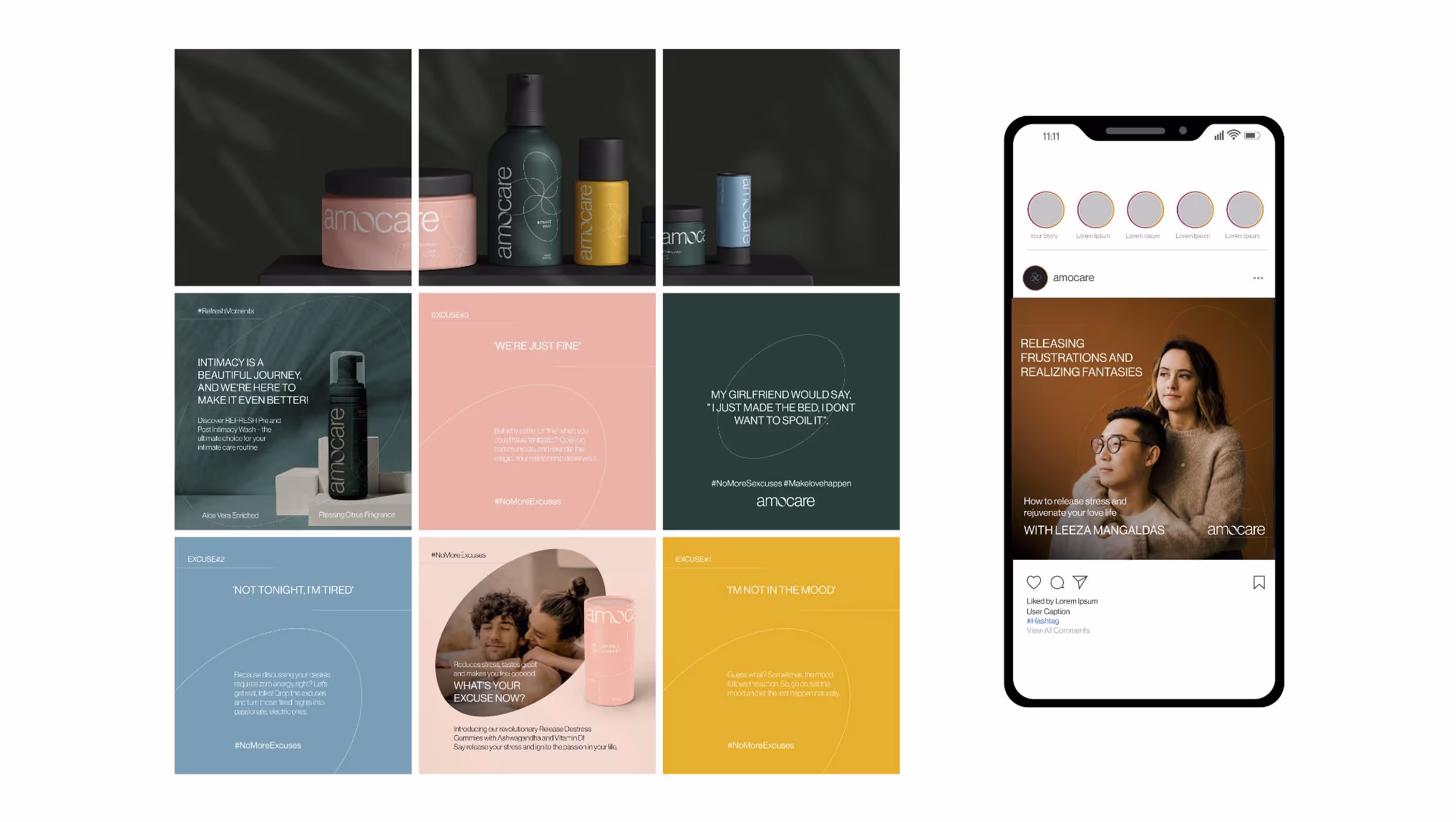 Collage of skincare products, motivational quotes about intimacy and stress relief, and a smartphone display showing an amocare Instagram post with a couple and advice on releasing frustrations.