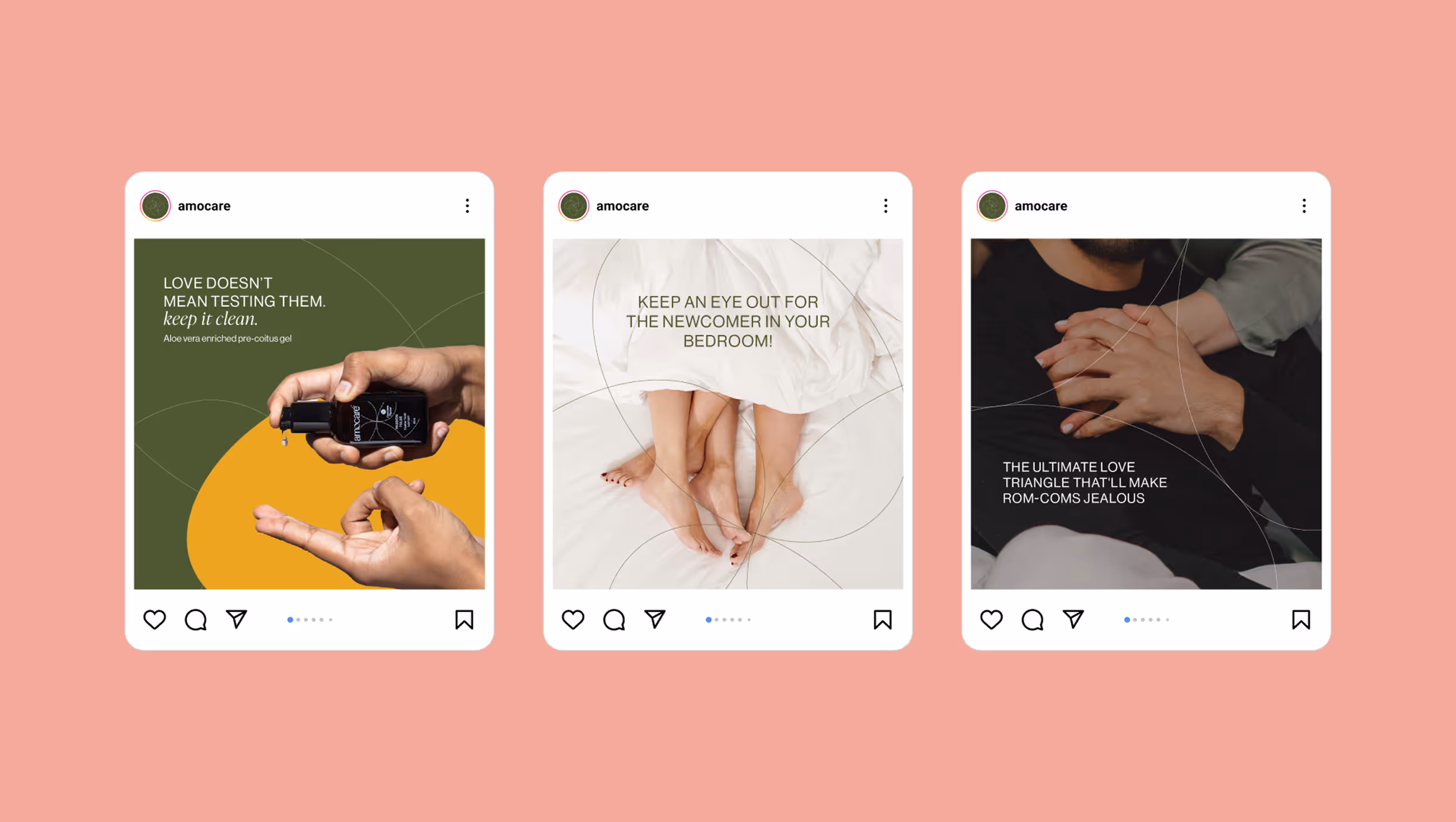 Three stylized Instagram posts showing hands with a black bottle of Amocare gel, entwined feet under white sheets, and two people holding hands, each with text promoting intimacy and love.