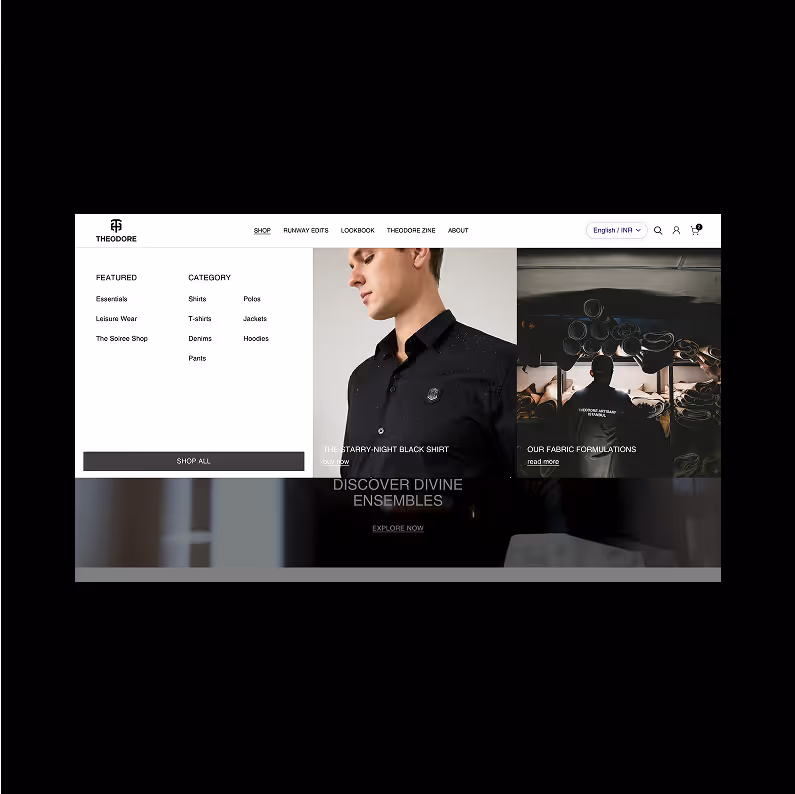 Online store interface with a man wearing a black shirt, category menu listing essentials, shirts, and leisure wear, and an image of fabric rolls labeled Our Fabric Formulations.