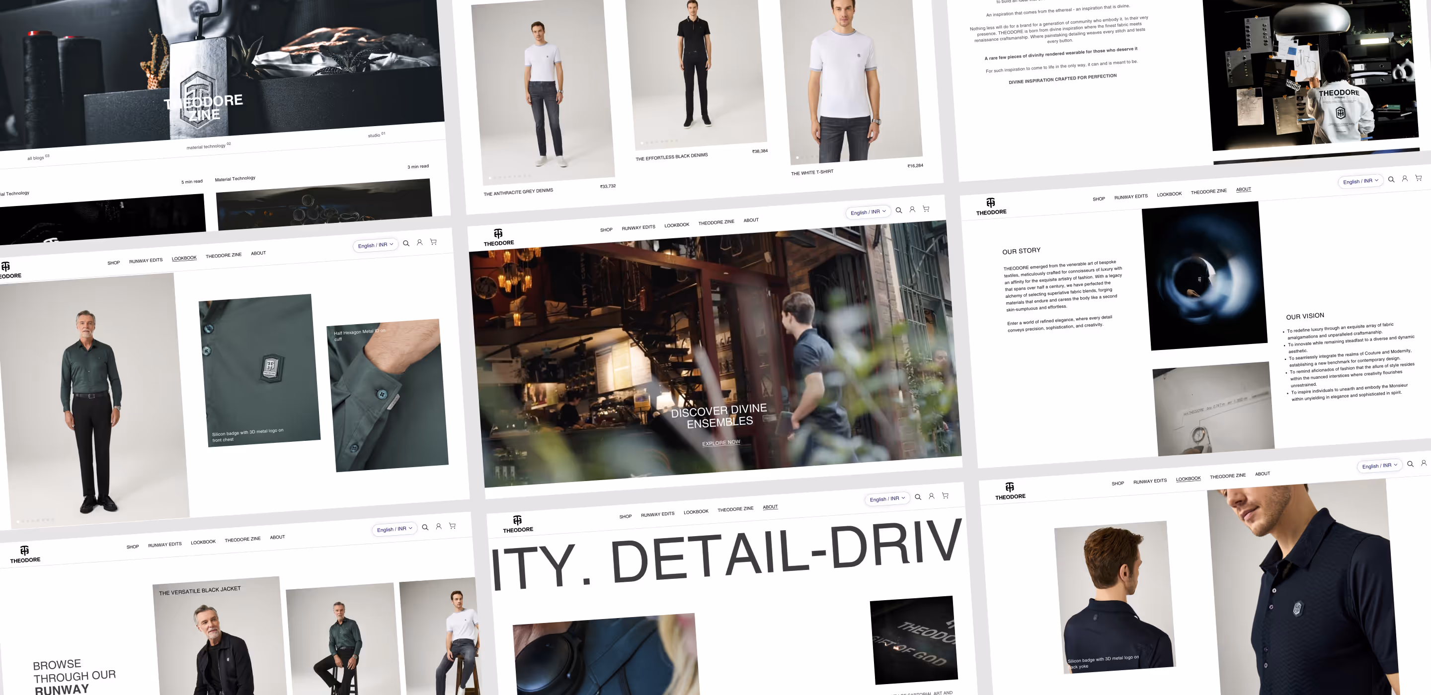 Collage of e-commerce website pages showcasing men's fashion including shirts, denims, jackets, and detailed product views with models and close-ups.