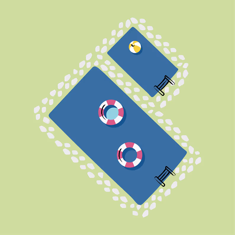 Top view of two rectangular swimming pools with ladders and inflatable rings on a green background with scattered white stones around them.