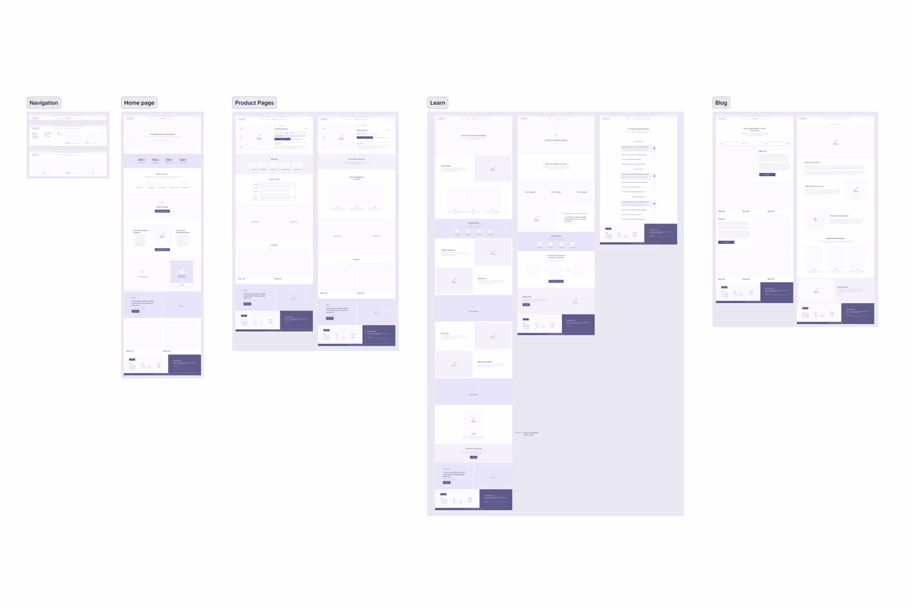 Wireframe layouts of website pages labeled Navigation, Home page, Product Pages, Learn, and Blog illustrating page structure and content blocks.