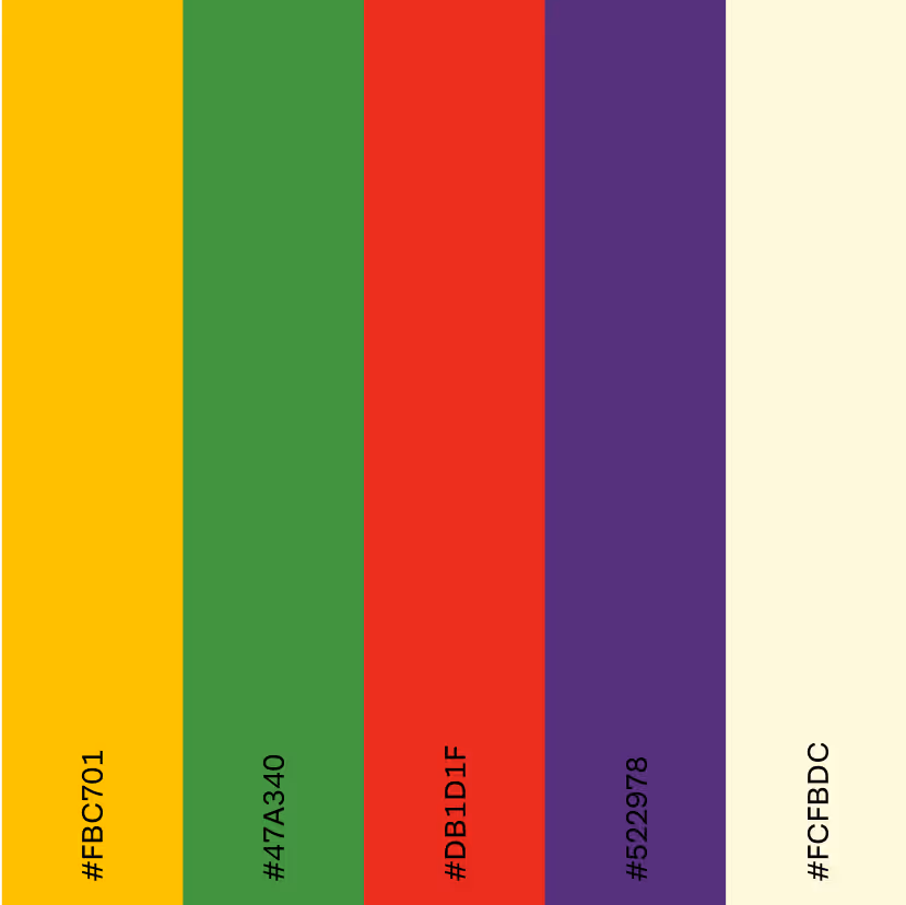 Five vertical color bars from left to right: yellow (#FBC701), green (#47A340), red (#DB1D1F), dark purple (#522978), and off-white (#FCFBDC).