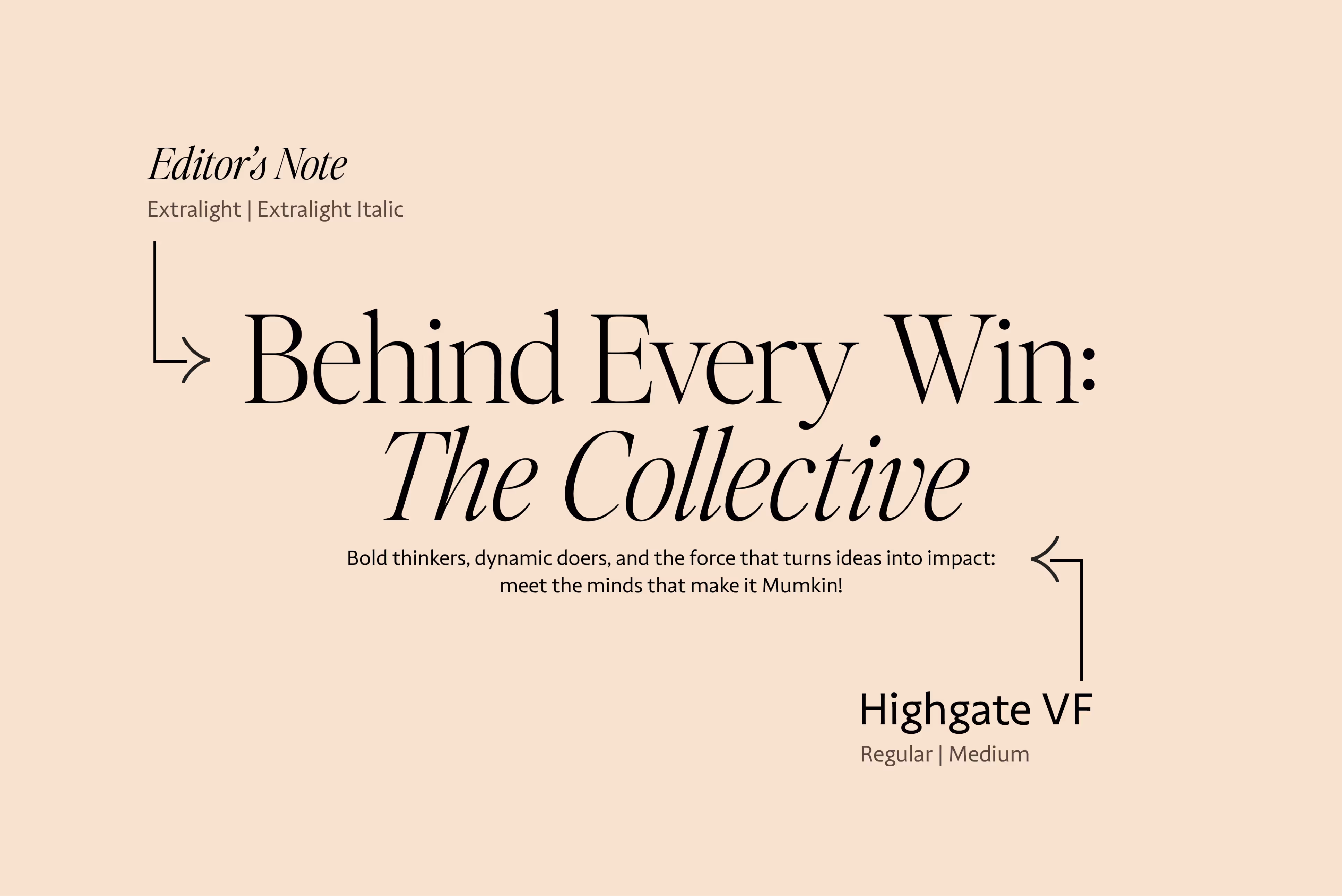 Text reads: Editor’s Note with font style Extralight Italic; Behind Every Win: The Collective in bold and italic fonts; and a description about bold thinkers meeting the minds that make it Mumkin, with font style Highgate VF Regular Medium.